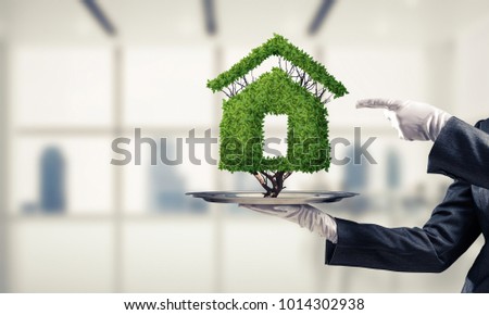 Closeup of waitress's hand in white glove presenting green plant in form of house sign on metal tray and pointing on it with office view on background.
