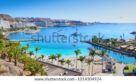Anfi beach with palm trees - Island of Gran Canaria, Spain Royalty-Free Stock Photo #1014304924