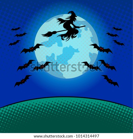 Witch flying on broomstick in night sky pop art retro vector illustration. Comic book style imitation.
