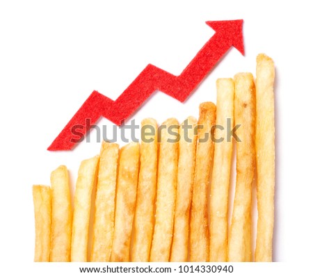 Quick junk food makes you fat and increases cholesterol. French fries and red arrow upwards on a white background