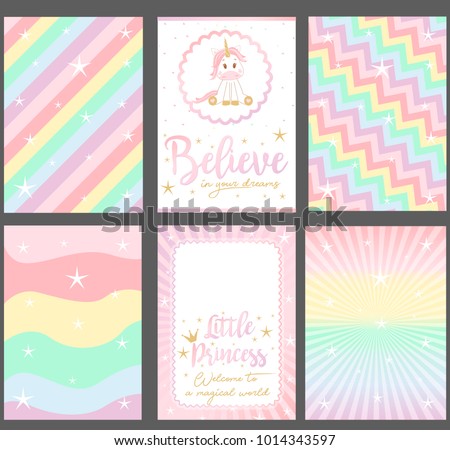 Set of colored pastel vector cards for party invitation. Rainbow background."Unicorn" baby shower. Slogan: "Believe in your dreams. Little princess. Welcome in magical world". Pink text and gold crown