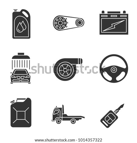 Auto workshop glyph icons set. Motor oil, sprocket wheel, automotive battery, car washing, turbocharger, rudder, petrol jerry can, tow truck, key. Silhouette symbols. Vector isolated illustration