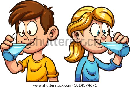 Cute cartoon boy and girl drinking water. Vector clip art illustration with simple gradients. Each on a separate layer. 
