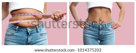  Diet concept. Female body before and after weight loss on pastel pink background