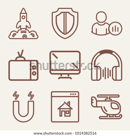 Set of 9 technology outline icons such as launched space shuttle outlined