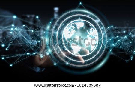 Businessman on blurred background using planet earth network sphere interface 3D rendering