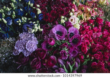 Beautiful and tender blossoming and endless fresh flowers at the florist shop in lavender, pink and purple colors Royalty-Free Stock Photo #1014397969
