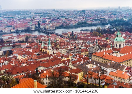 View of bridge on the Vltava river and historical center of Prague,buildings and landmarks of old town,Prague,Czech Republic