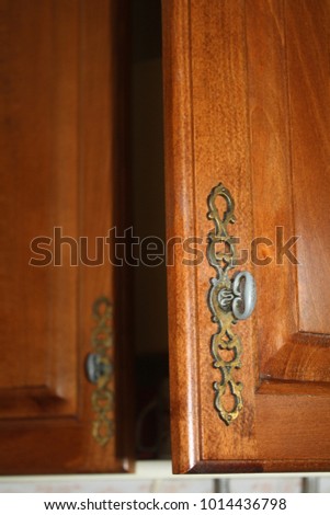 They photographed the brown wooden door from the kitchen, and the metal grip