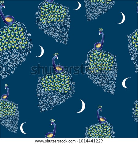 peacocks with openwork rainbow tails on a dark blue background with moons, exotic summer night, seamless pattern.Drawing vector. Modern stylish texture