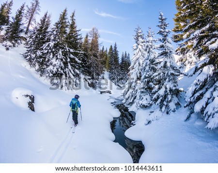 Backcountry ski touring in the fresh snow Young woman touring on skis in sunny winter day. Girl advances on touring skis across white snow forest and frozen river. Skier in powder snow on a sunny day.