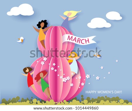 Card for 8 March Women's day. Abstract background with text, flowers and women different nationalities. Vector illustration. Paper cut and craft style.