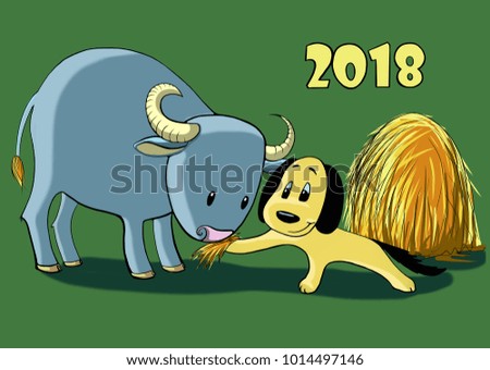 on a green monophonic background with the figure 2018 a yellow dog feeds the bull with hay and smiles