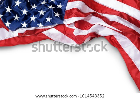 Closeup ruffled American flag isolated on white background