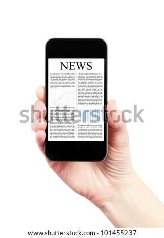 Hand holding mobile smart phone with news article on the screen. Isolated on white. Royalty-Free Stock Photo #101455237