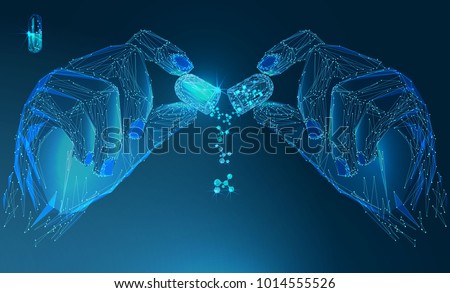 Capsule pill and molecules in the hand. Health Care Vector illustration. Medical concept. Banner. Low poly vector illustration of a starry sky or Cosmos.  Royalty-Free Stock Photo #1014555526