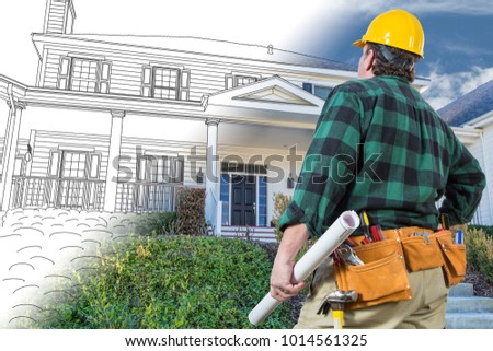 Male Contractor with Hard Hat and Tool Belt Looking At Custom House Drawing Photo Combination On White.