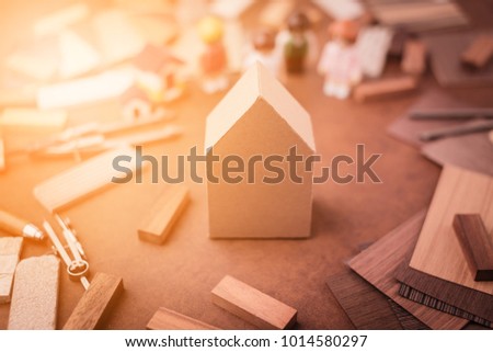 house design ideas concept with sample of material design on leather top table with free copyspace