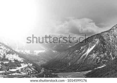 Morning mist in Italian Alps. View of the mountain forest valley at sunrise. Black and white picture 