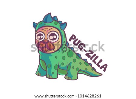 Cute pug in a dino costume. Vector Illustration. Isolated on white background.