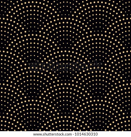 Vector abstract seamless wavy pattern with geometrical fish scale layout. Metallic gold circles on a dark black background. Fan shaped garlands .Wallpaper, textile patch, wrapping paper, page fill Royalty-Free Stock Photo #1014630310