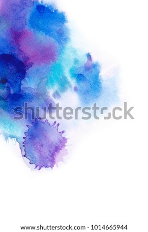 Abstract background.Watercolor splash painted manually  blue, pink , lilac tones. White background and blot.Place for the text.Abstract watercolor background painted manually. Bright dynamic splash.