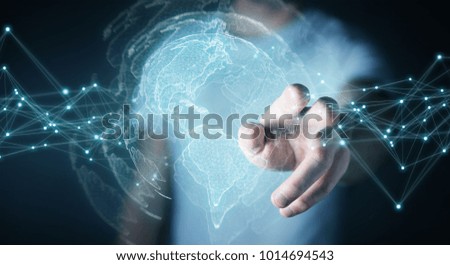 Businessman on blurred background using USA world map interface 3D rendering