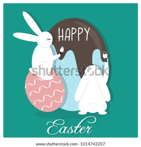Cute and colorful Happy Easter card. Background, Banner with rabbit, bunnies and eggs