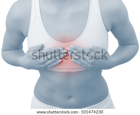 Acute pain in a woman chest. Female holding hand to spot of chest-ache. Concept photo with Color Enhanced blue skin with read spot indicating location of the pain. Isolation on a white background.