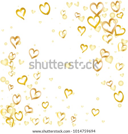 Valentines day background with random hand drawn falling golden hearts isolated on white.