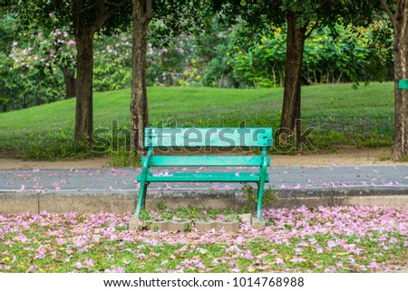 Green broken bench in the garden surround by pink flowers