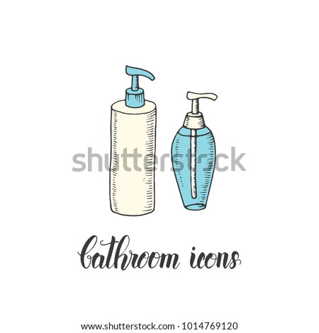 Vintage hand drawn bottle with shower gel and liquid soap or shampoo in a sketch style. Hand made lettering. Vector objects from the bathroom. 