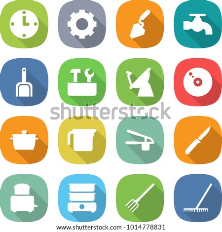 flat vector icon set - clock vector, gear, construction, water tap, scoop, repair tools, satellite antenna, cd, pan, measuring cup, garlic clasp, knife, toaster, double boiler, fork, rake