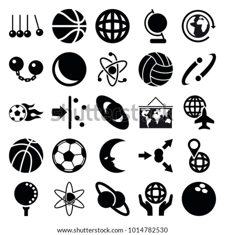 Sphere icons. set of 25 editable filled sphere icons such as planet, basketball, sphere, cradle, planet and satellite, atom move, pin on globe, holding globe, football ball