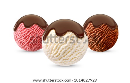 Mix creamy, strawberry, chocolate ice cream scoop with chocolate sauce, brown syrup topping  on various ice-cream ball