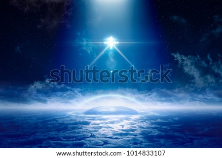 Sci-fi background - UFO with bright spotlights fly abobe aliens extraterrestrial colony under protective dome on planet Earth
