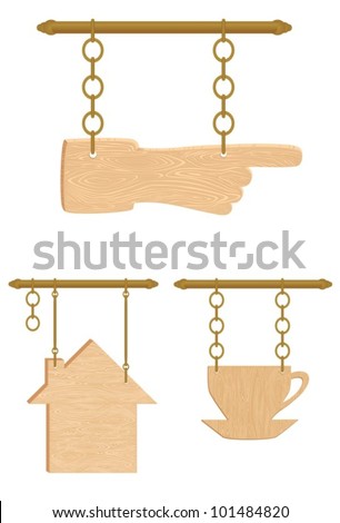Wooden signs in the form of a hand, houses and cups. EPS-10 (non transparent elements), gradient.