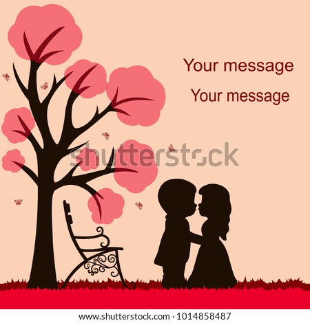 Valentine's Day. Wedding card with the newlyweds on the background with decorative tree, butterflies and bench. Bride and groom.  Wedding invitation. Vector illustration.