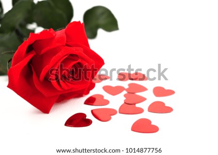 Red rose with hearts stock images. Romantic roses on a white background. Valentines Day concept