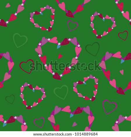 Seamless pattern of red hearts on a green background