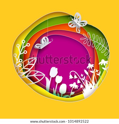 Floral paper art layered circle background. Flowers, grass, butterfly cut out from white paper. Paper art. Vector illustration. Bright colors for web banner, greeting card, poster