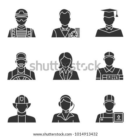 Professions glyph icons set. Occupations. Soldier, croupier, graduate student, driver, office worker, center operator, loader, firefighter, deliveryman. Silhouette symbol Raster isolated illustration