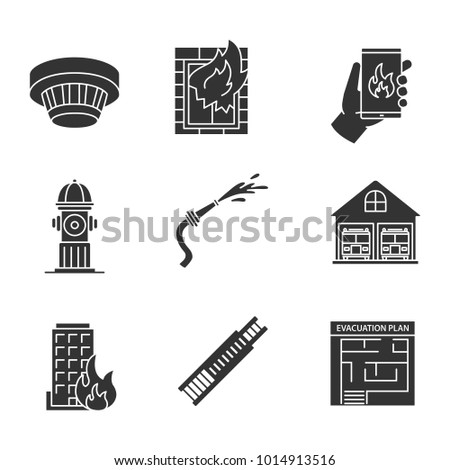Firefighting glyph icons set. Smoke detector, emergency call, hydrant, burning building, hose, evacuation plan, fire station, double extension ladder. Silhouette symbols. Raster isolated illustration