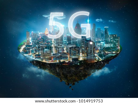 Fantasy island floating in the air with 5G network wireless systems and internet of things , Smart city and communication network concept . Royalty-Free Stock Photo #1014919753