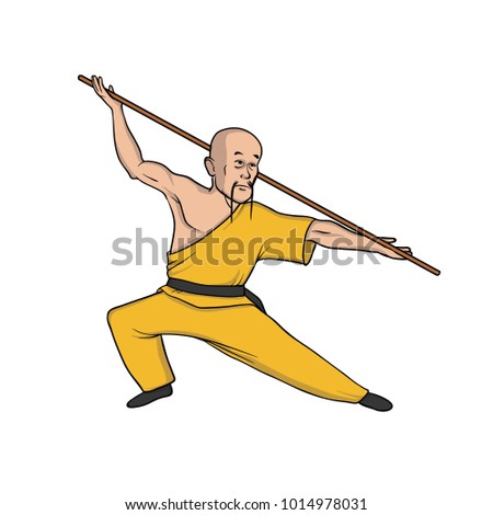 Shaolin monk practicing kung fu or wushu with pole. Martial art. Vector illustration, isolated on white background.