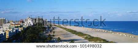 This is a view along the beach and ocean of South Beach Miami.