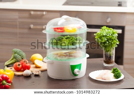 Cooking in the steamer. Healthy food for children and diet. The recipes in the steamer. Royalty-Free Stock Photo #1014983272