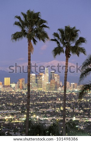 This is the Los Angeles skyline with two palm trees in the winter at dusk. Snowy Mount Baldy is in the background.