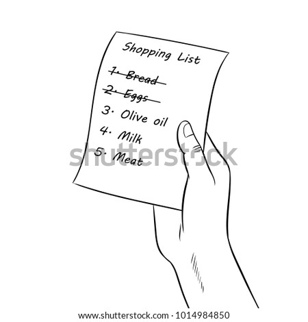 Hands with shopping list coloring raster illustration. Isolated image on white background. Comic book style imitation.