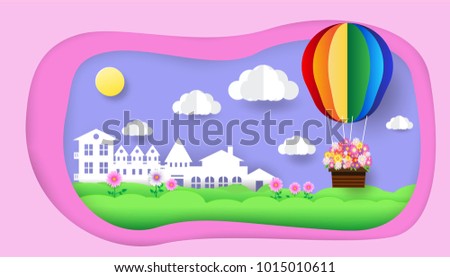 Colorful air balloon in the sky, heart and and cloud. paper art style